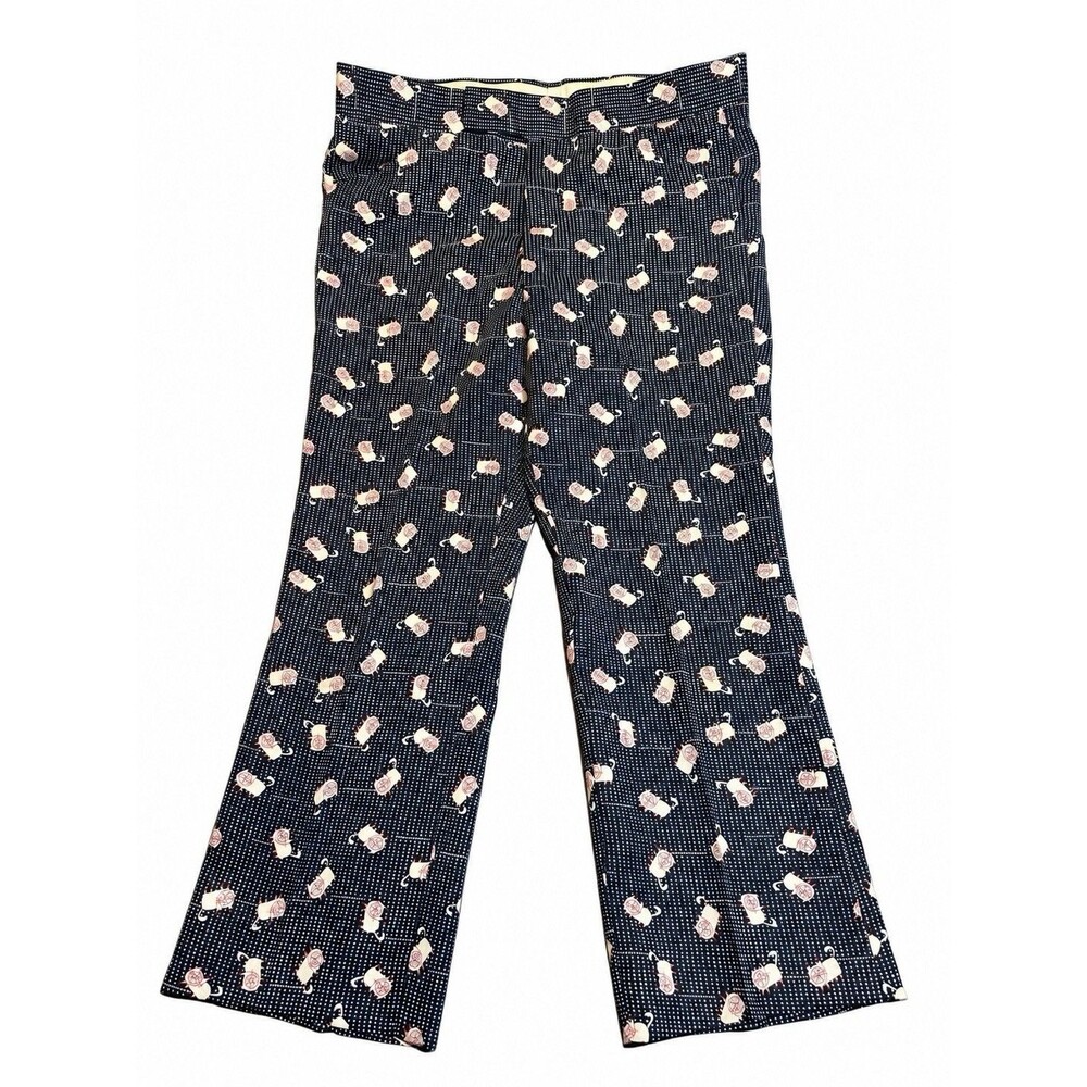Vintage 70s Dozi IZOD Pants Mens All Over Geometric Cat Print Navy Chino Disco